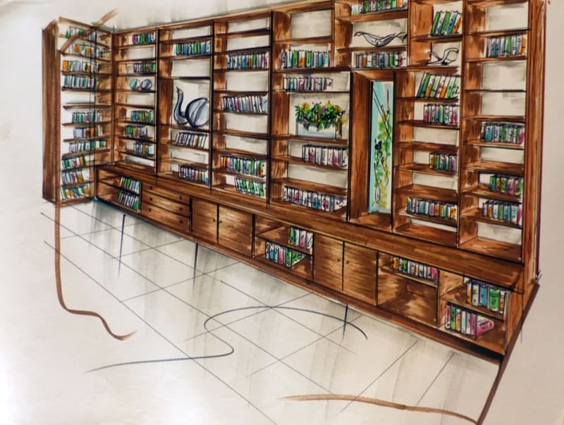 Croquis d'une bibliothèque sur mesure